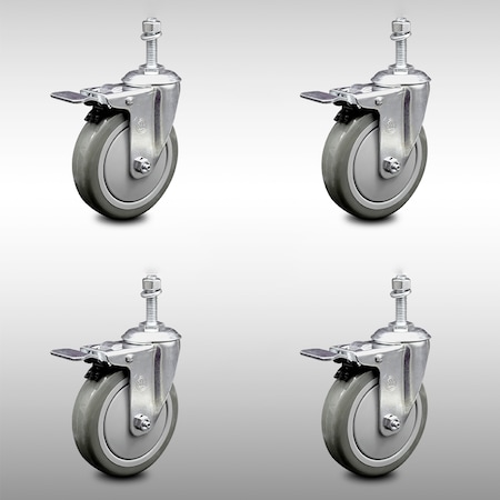 Service Caster 5 Inch SS Gray Polyurethane 10mm Threaded Stem Caster Set Total Lock Brake SCC-SSTSTTL20S514-PPUB-M1015-4